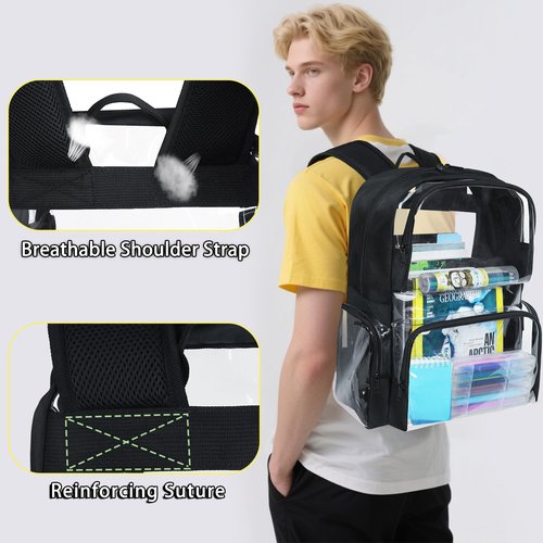 YOLIBON Clear Backpack Heavy Duty,18'' Large Clear Backpack with Multiple Pockets,See Through Bookbag for Boys & Girls,College Work Security,Black