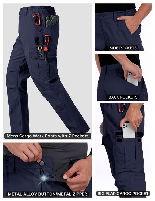 CNBQDD Men's Cargo Pants Durable Ripstop Work Pants with 7 Pockets Water Resistant Outdoor Hiking Construction Pants Dark Blue 34Wx32L