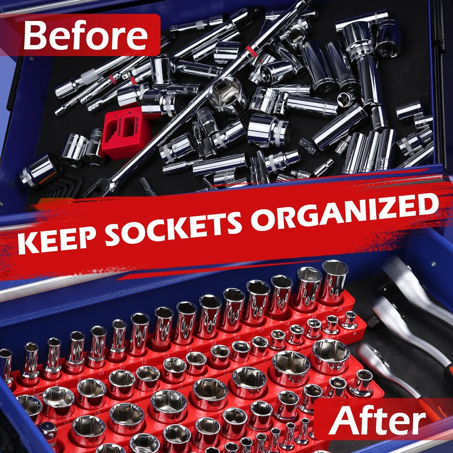 2-Piece 3/8"-Drive Metric Magnetic Socket Organizer Set (Holds 30 Sockets) - Detachable Tool Tray with 5mm Magnetic Base, Screw-Fixed Design & Heavy-Duty Modular Storage for Garage/Home Workshop