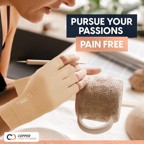 Copper Compression Arthritis Gloves - Fingerless Pain Relief for Carpal Tunnel | Hand Support for Neuropathy, Rheumatoid, Tendonitis | Nude (L)