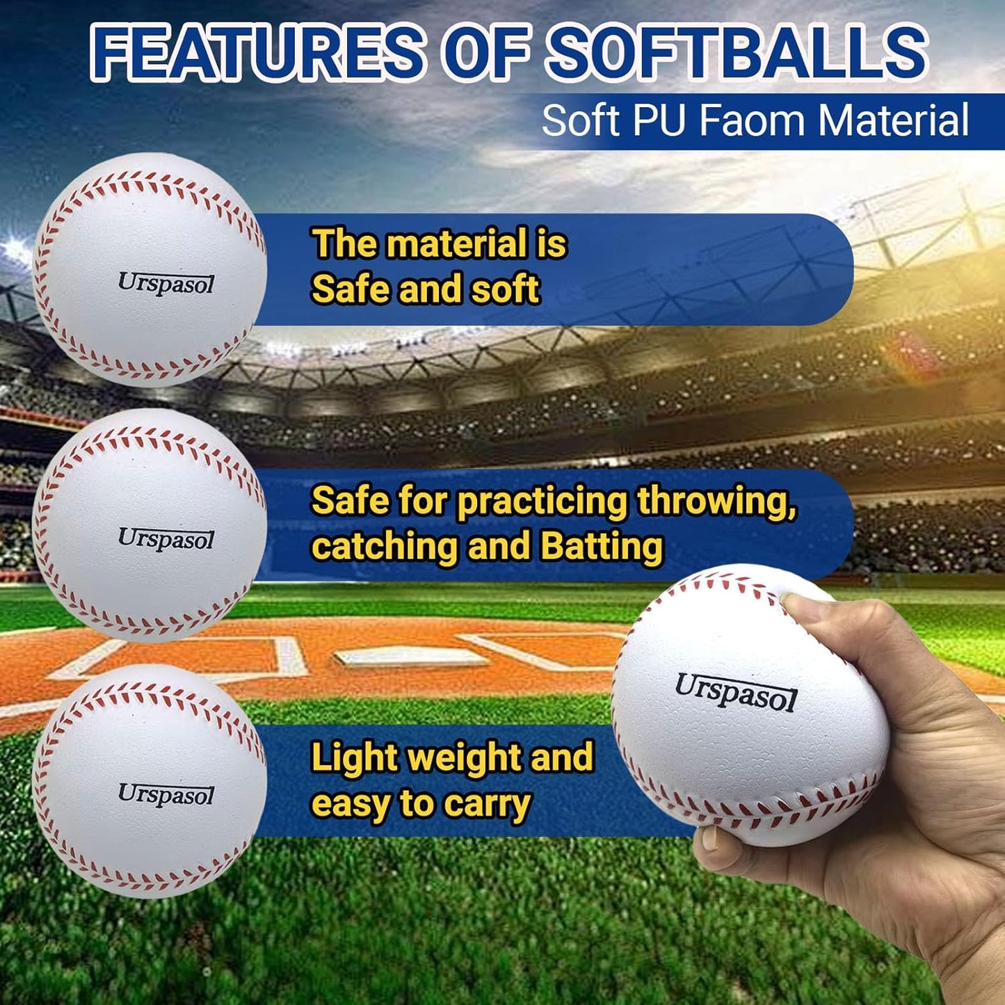 Urspasol 12-Inch Soft Foam Practice Softballs - Oversized Baseballs with Mesh Bag for Safe Training