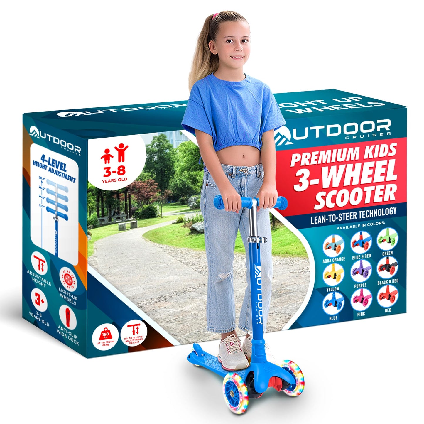 Outdoor Cruiser 3-Wheel Kids Scooter – with Lean-to-Steer Technology, Wide Deck, Led Lighted Wheel, 4-Level Adjustable Height T-bar Handle, Support Kids Up to 150 Lbs, for Boys & Girls Ages 3-8, Blue