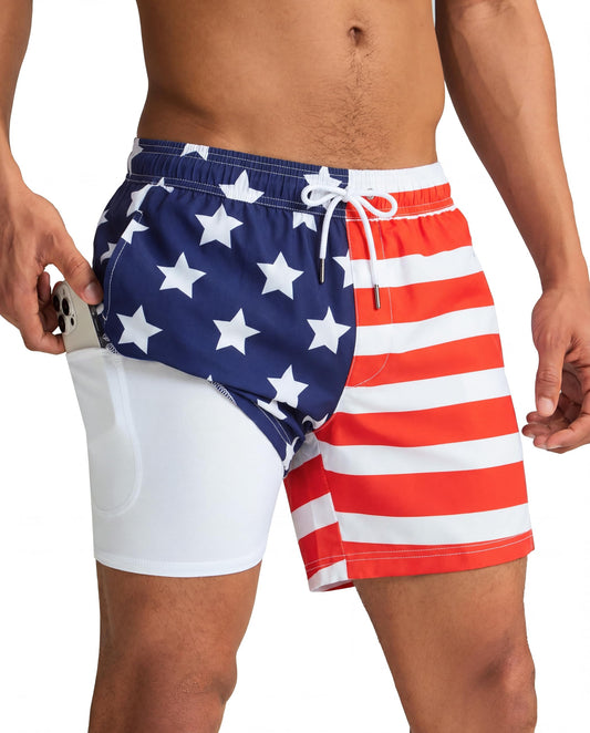 maamgic Mens Swim Trunks with Compression Liner 5 Inch, Quick Dry Bathing Suit with Zipper Pockets, Stretch No-Chafing Swim Shorts, Half-Half American Flag Small