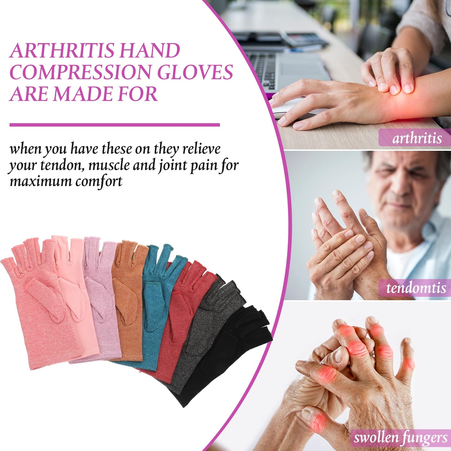 Crowye 8 Pairs Arthritis Compression Gloves Relieve Muscle Pain Fingerless Gloves Bulk Typing coverings for Women Men(Medium,Colorful)