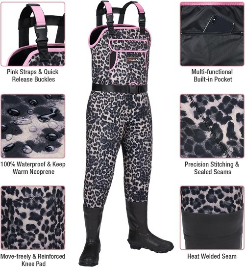 HISEA Women's Chest Waders - 4.5mm Neoprene Leopard Print | Insulated Waterproof Fishing Waders