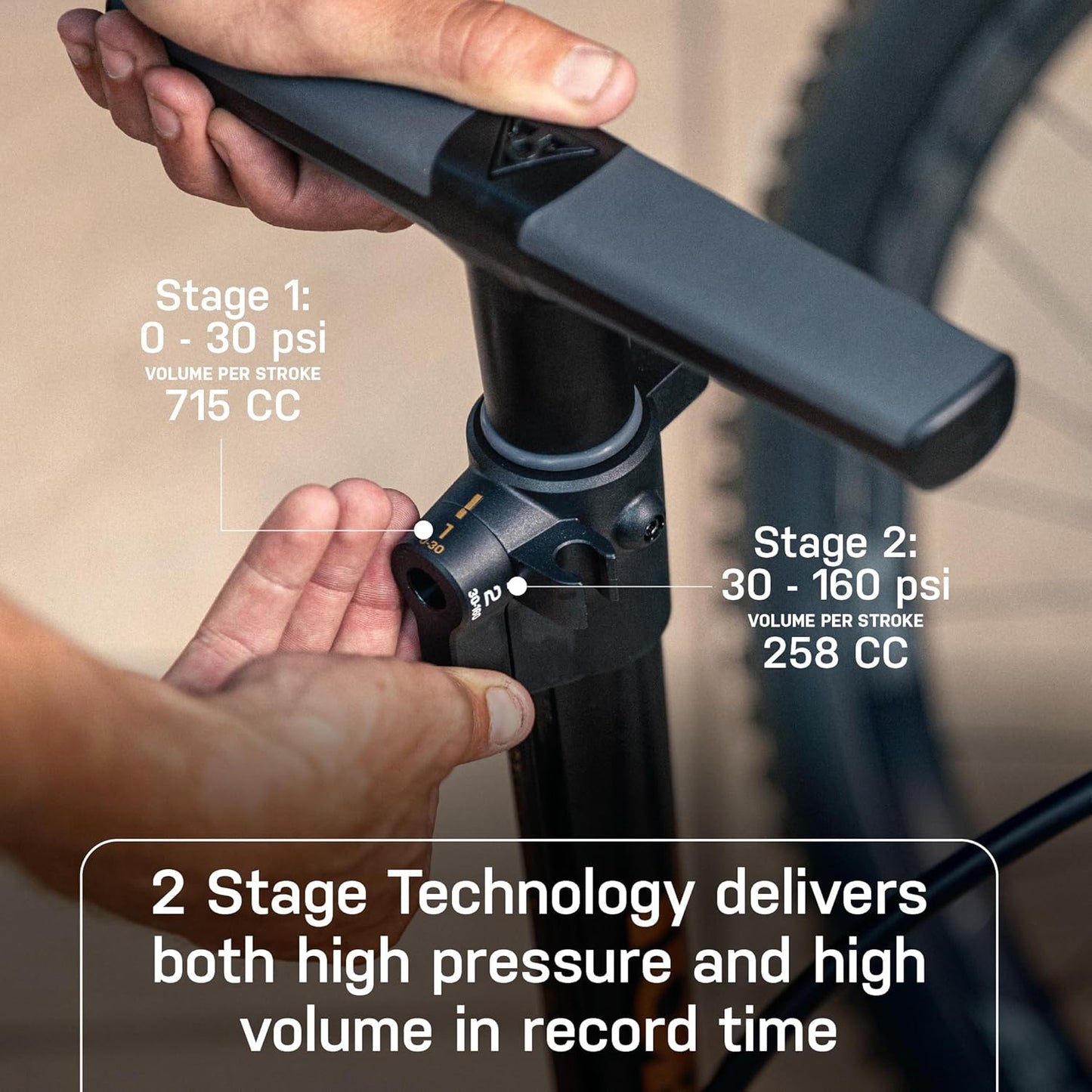 Topeak JoeBlow Tubi 2Stage Bike Pump - High-Pressure Floor Pump for Tubeless & Standard Tires | Durable Steel & Aluminum Design