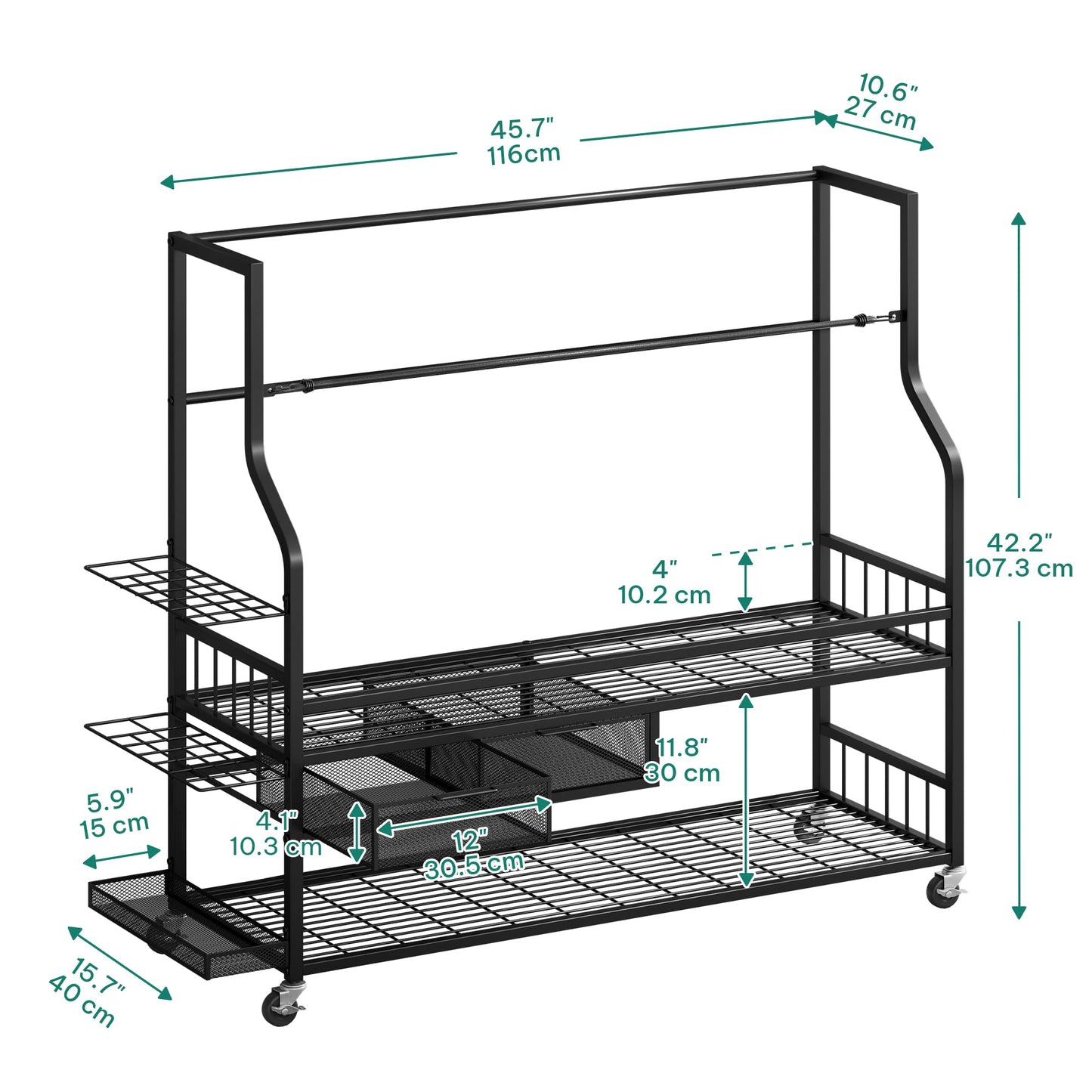 YITAHOME Golf Bag Storage Rack with Wheels, 4 Golf Bag Organizer for Garage, Club, and Shed, Features Drawer for Golf Bags, Clubs, Balls, and Other Sport Equipment