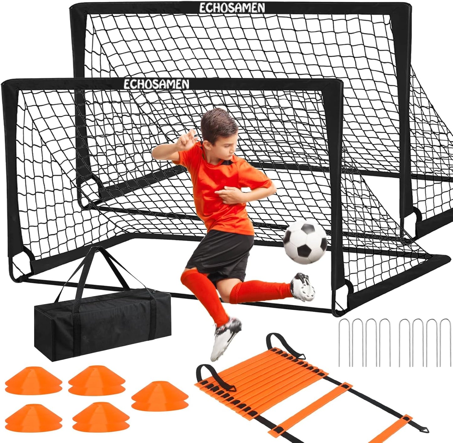 Skiennix Kids Soccer Goals - Portable 6 x 4 Ft Soccer Goal Set with 10 Cones & Agility Ladder