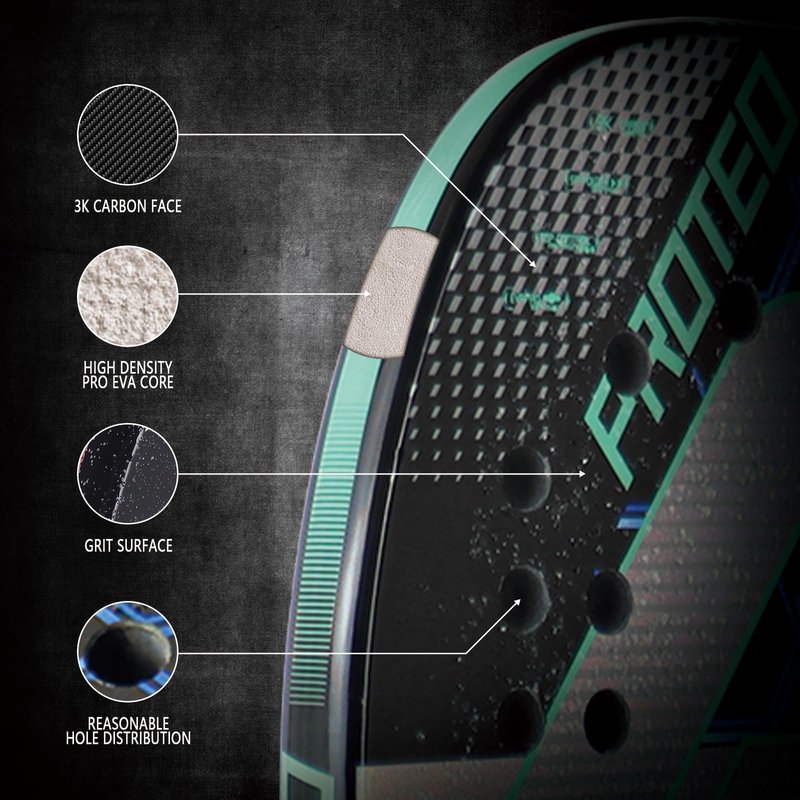 AMA SPORT Beach Tennis Racket 3K Carbon Fiber with EVA Foam Core Professional Carbon Beach Tennis Paddle for Advanced Players (Green)
