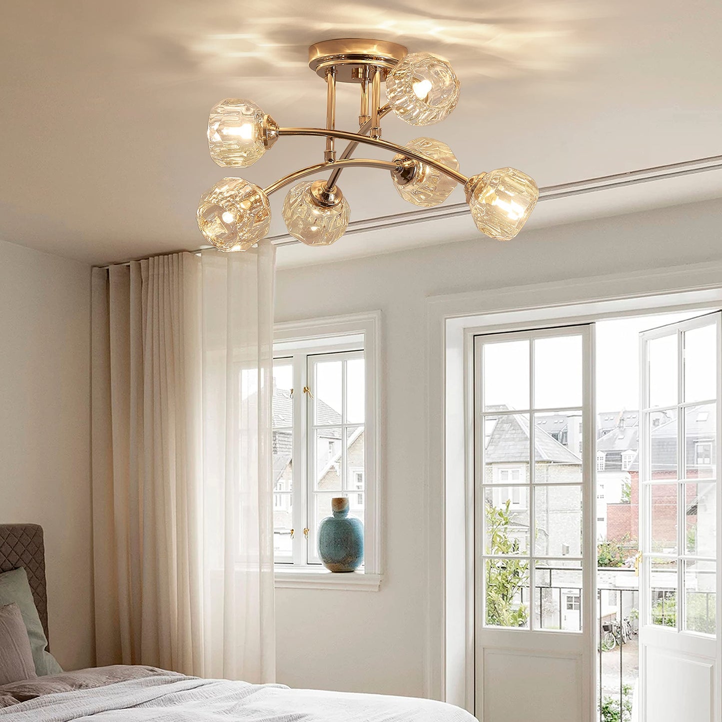 AGV LIGHTING Modern Spuntnik Crystal Ceiling Light Fixture, Semi Flush Mount Ceiling Light, G9 Base 6-Lights, D16 x H10, Clear Crystal & Shining Gold Finish Metal Frame