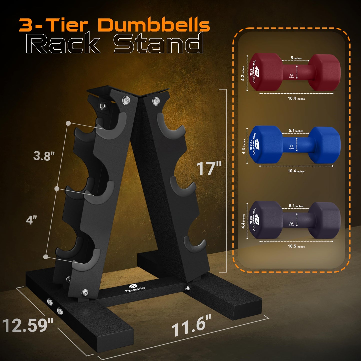 Fitness Alley 3 Tier Dumbbells Storage Rack - 120 LB Capacity Dumbbells Weight Rack - 2.0MM Thickness Weight Organizer Stand for Home Gym - Easy Assembly