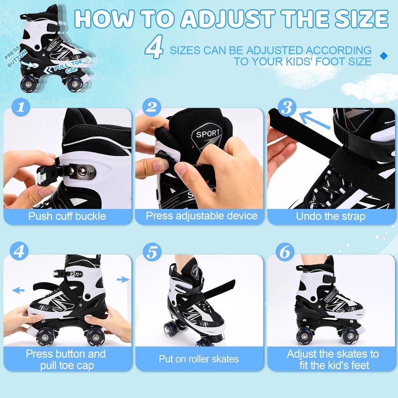 SYXKJ Boys Girls 4 Size Adjustable Kids Roller Skates for Children Toddlers Beginner with All Light Up Wheels, Birthday Gift for Outdoor Indoor Sports (Black White, Large)