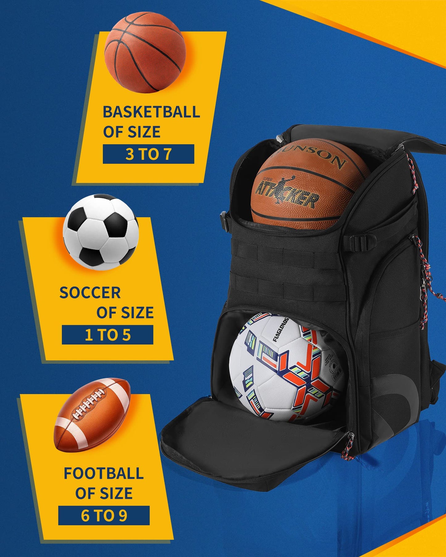 TRAILKICKER Basketball Bag Backpack with Ball Holder Multi-Sport Backpack for Soccer Volleyball Football Baseball Helmet (TK2-Black, Large)
