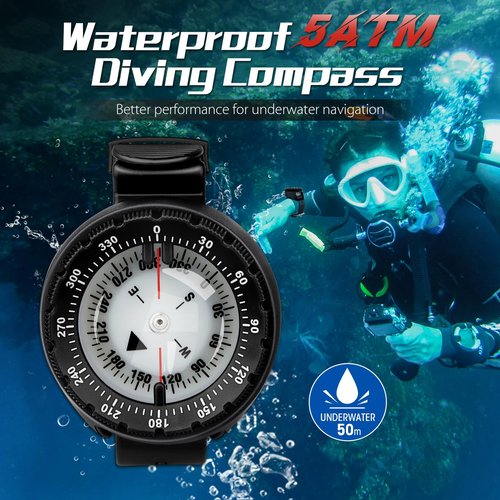 Scuba Compass, Professional Waterproof 5ATM Dive Wrist Compass with TPU Band for Outdoor Sports Diving, Sailing, Hiking, Survival Emergency (Black)