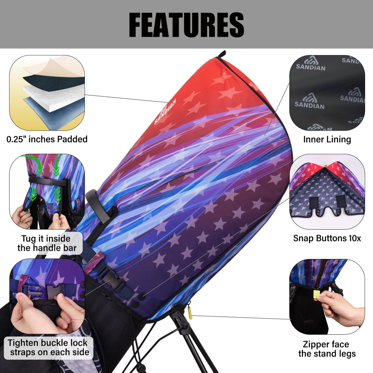SANDIAN, Flying Stars, Golf Bag Rain Hood Cover, Waterproof 1260D Oxford Polyester, 12x20 Inches, Padded Protection, PU Coated, Two Sided Zipper, Adjustable Buckle Lock Fasteners, Snap Button Locking