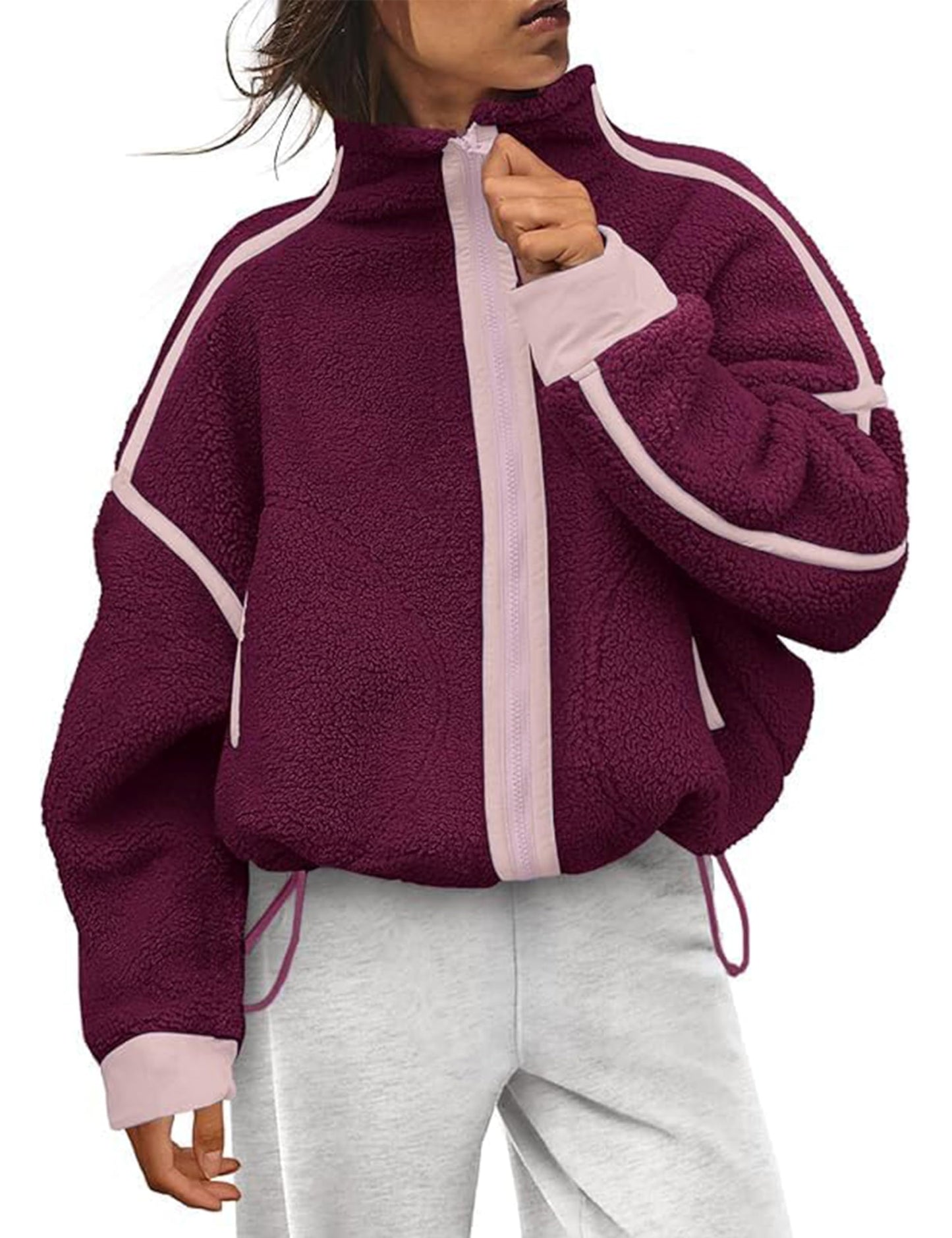 Ziqoty Women Fleece Jacket Zip Up Fuzzy Sherpa Jackets Long Sleeve Winter Outerwear Casual Daily Chilly Outings with Pockets(WineRed-S)