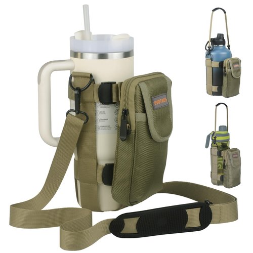 EVOTAUS MOLLE Water Bottle bag - Bottle Holder Carrier Sling with Strap for Walking - Manual Strap Adjustment for Precise Fit of Most 18-64 oz Bottles (Check Size Fit Guide), Khaki