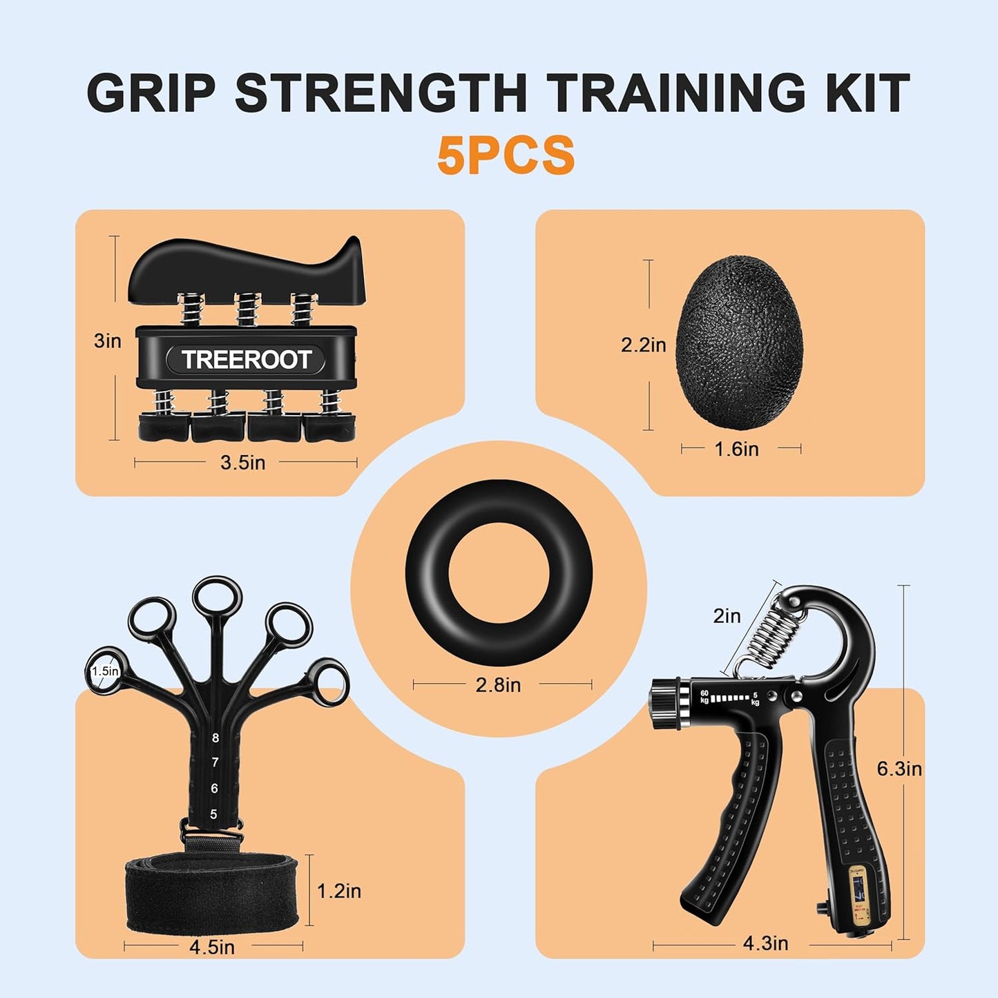 Skiennix Grip Strength Trainer Kit - 5PCS Hand Gripper & Forearm Exerciser Set for Strength & Stress Relief