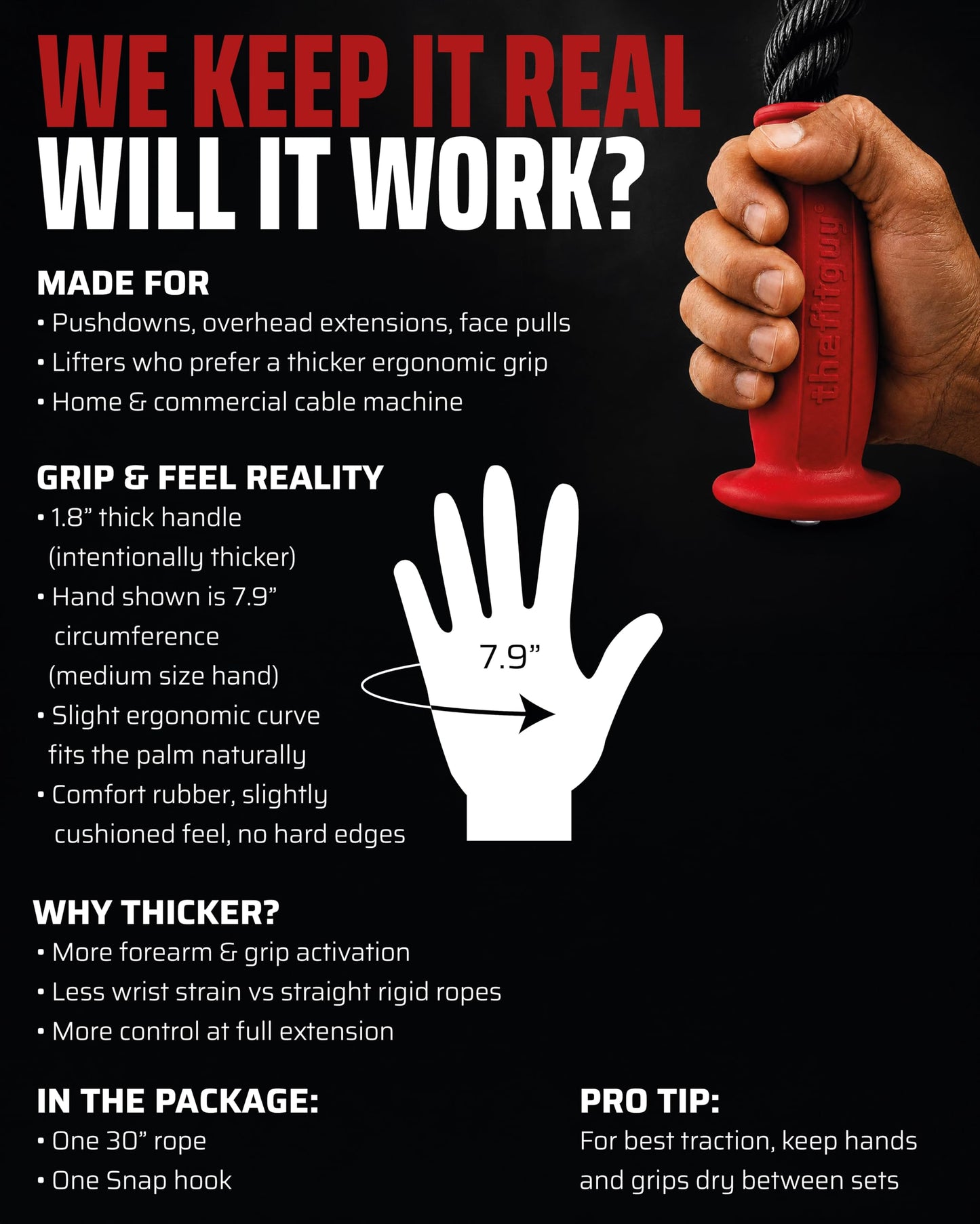 THEFITGUY Ergonomic Tricep Rope | 30” Non-Slip Cable Attachment | Wrist Pressure Relief | Grip Strength & Forearm Activation | Home & Commercial Gym Accessory | for Cable Machine & Smart Gym