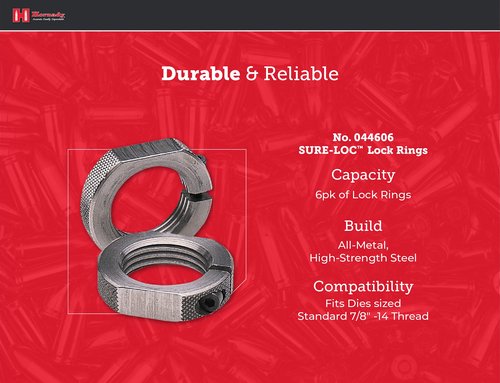 Hornady Sure-Loc Lock Rings, 6 Pack, 044606 - Fits on Standard 7/8-14 Inch Threaded Dies & Accessories - Split Ring Design Die Lock Rings Applies Constant Pressure & Wrench Flats for Easy On/Off