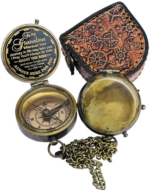Gift for Grandson Brass Compass Engraved Quote - Memory Present to My Grandson Birthday, Baptism, Graduation, Confirmation, Love, Gift idea by Grandpa Grandma - Always Here for You. (Leather Case)