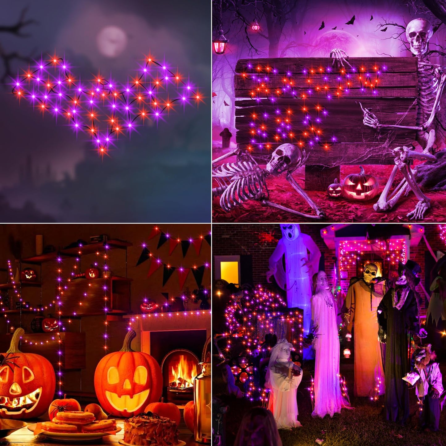 ZAIYW Halloween Fairy Lights Battery, 4 Pack 16.5Ft 50 LED Fairy Lights with Remote Control Timer 8 Modes, Black Copper Wire Twinkle Lights for Indoor Outdoor Halloween Decor (Purple Orange)