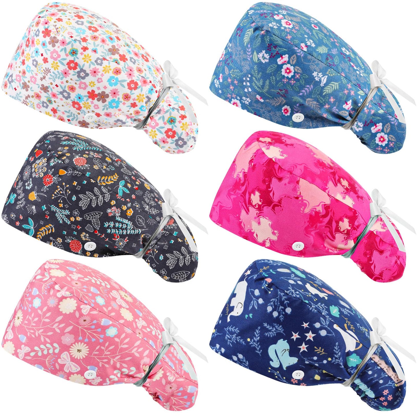 Croknit 6 Pcs Scrub Cap Women Adjustable Nurse Cap with Button Bouffant Medical Surgical Hat Sweatband for Gift(Stylish Style)