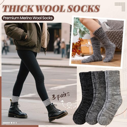 AMENLAN Merino Wool Boot Socks Thermal Winter Ski Thick Warm Hiking Socks for Women Men 3 Pairs (Grey,Medium)