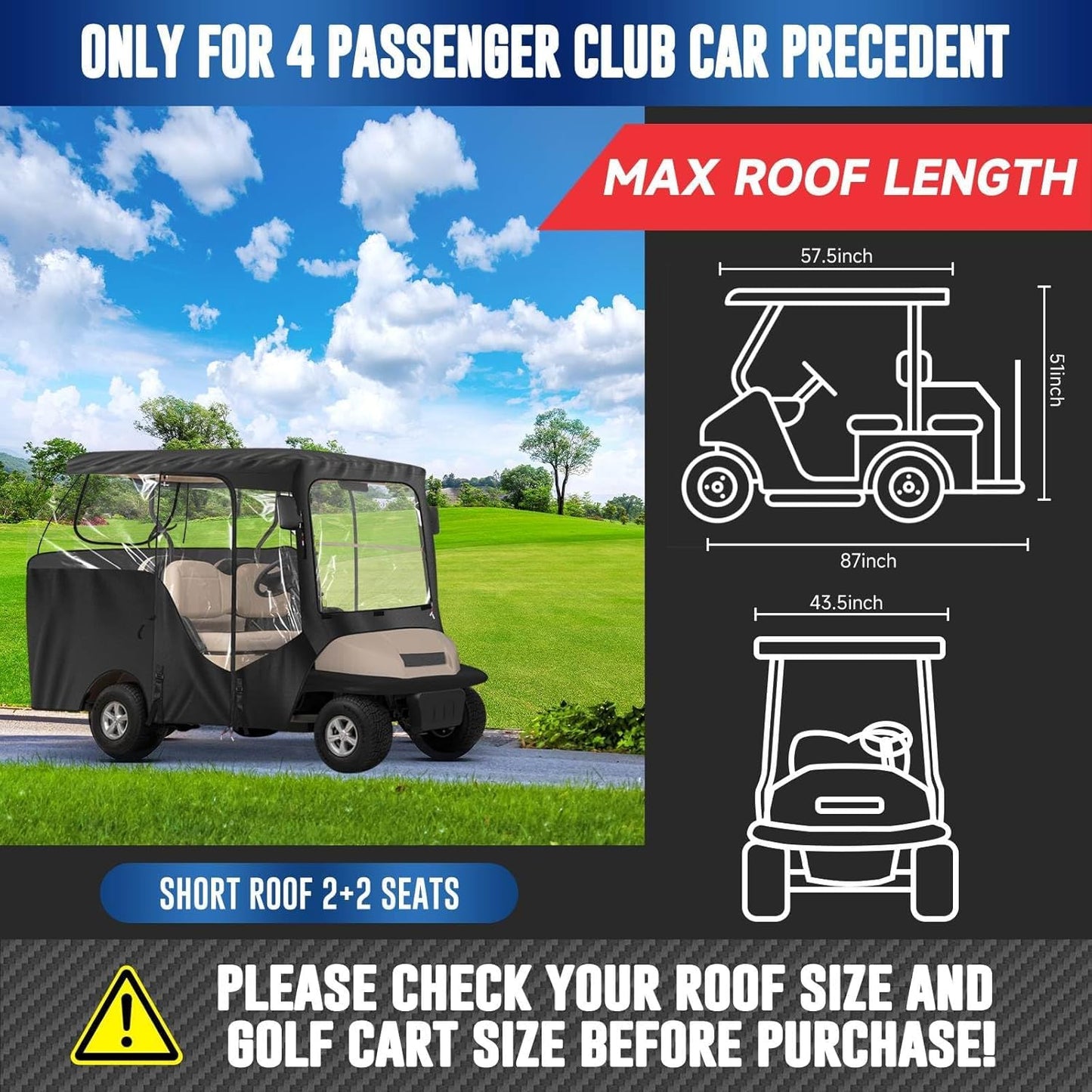 Cholila Cover Updated Golf Cart Enclosure - 4 Passenger Driving Enclosure for Club Car Precedent Short Roof - Golf Cart Rain Cover with Upgrade 600D Oxford and PVC - with Strong YKK Door Zipper