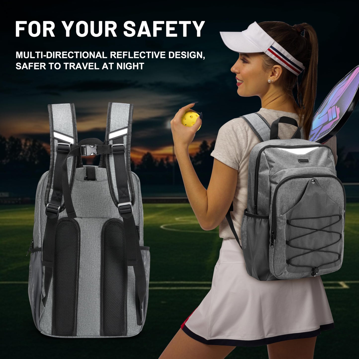 DerHutzucker Pickleball Bag - Men's & Women's Pickleball Backpack, Adjustable Sling Bag with Large Capacity/Safety Pocket Ventilated Racket Compartments, Gray