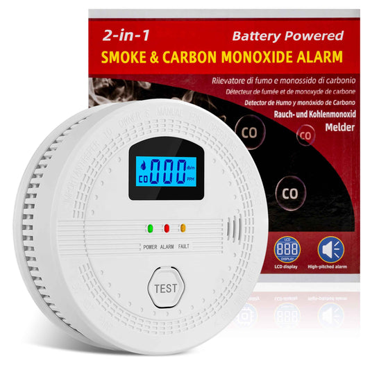 GQIRIL Smoke and Carbon Monoxide Detector - Battery Powered Monoxide Alarm with Dual Sensor and Digital Display, Portable Fire and CO Warning Light Indicators for Kitchen Home Garage (No Battery)
