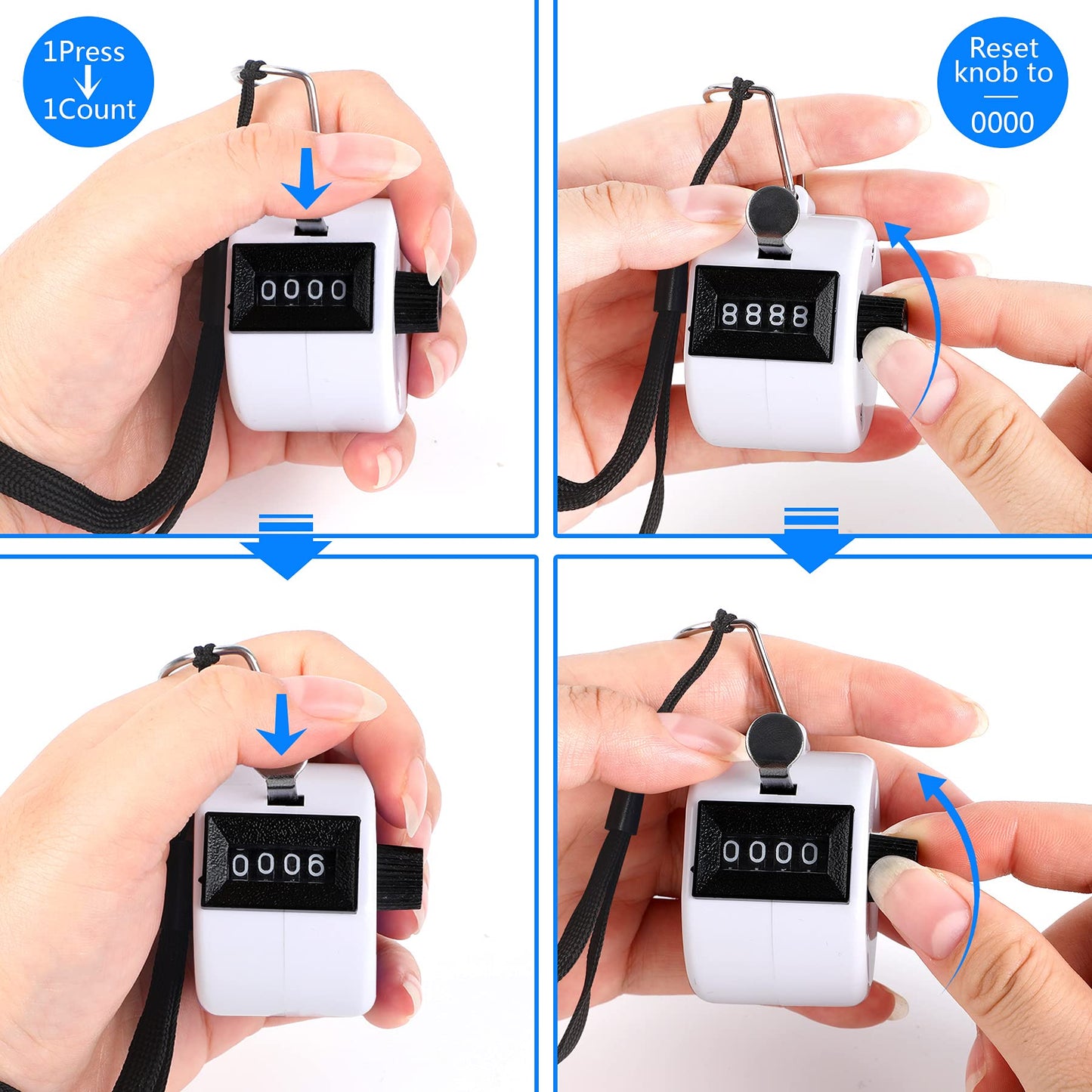 FEBSNOW 2 Pack Hand Tally Counter 4 Digital Click Counter for Sport Row School Event (Black White)
