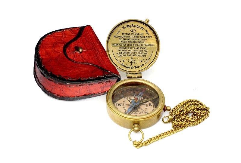 5MoonSun5's Brass Compass to My Soulmate Thank You for Being a Great Life Partner Engraved Valentine Anniversary Birthday Gift with Leather Case