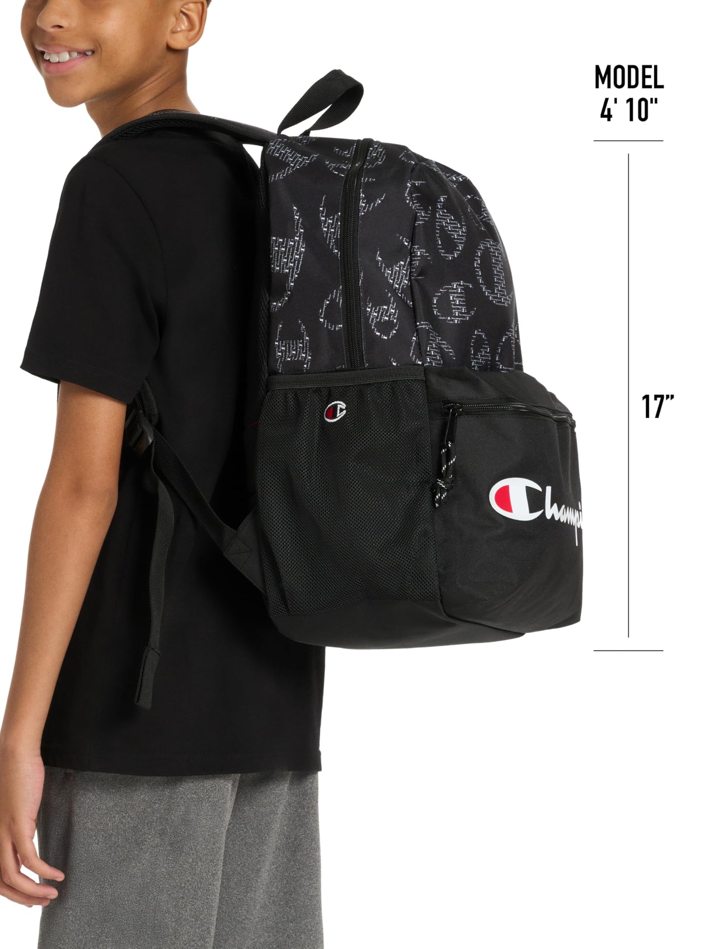 Champion Kids' Merit Backpack with Padded Straps, Water Bottle Pocket and Laptop Compartment for Daily Use, Black/Grey, One Size