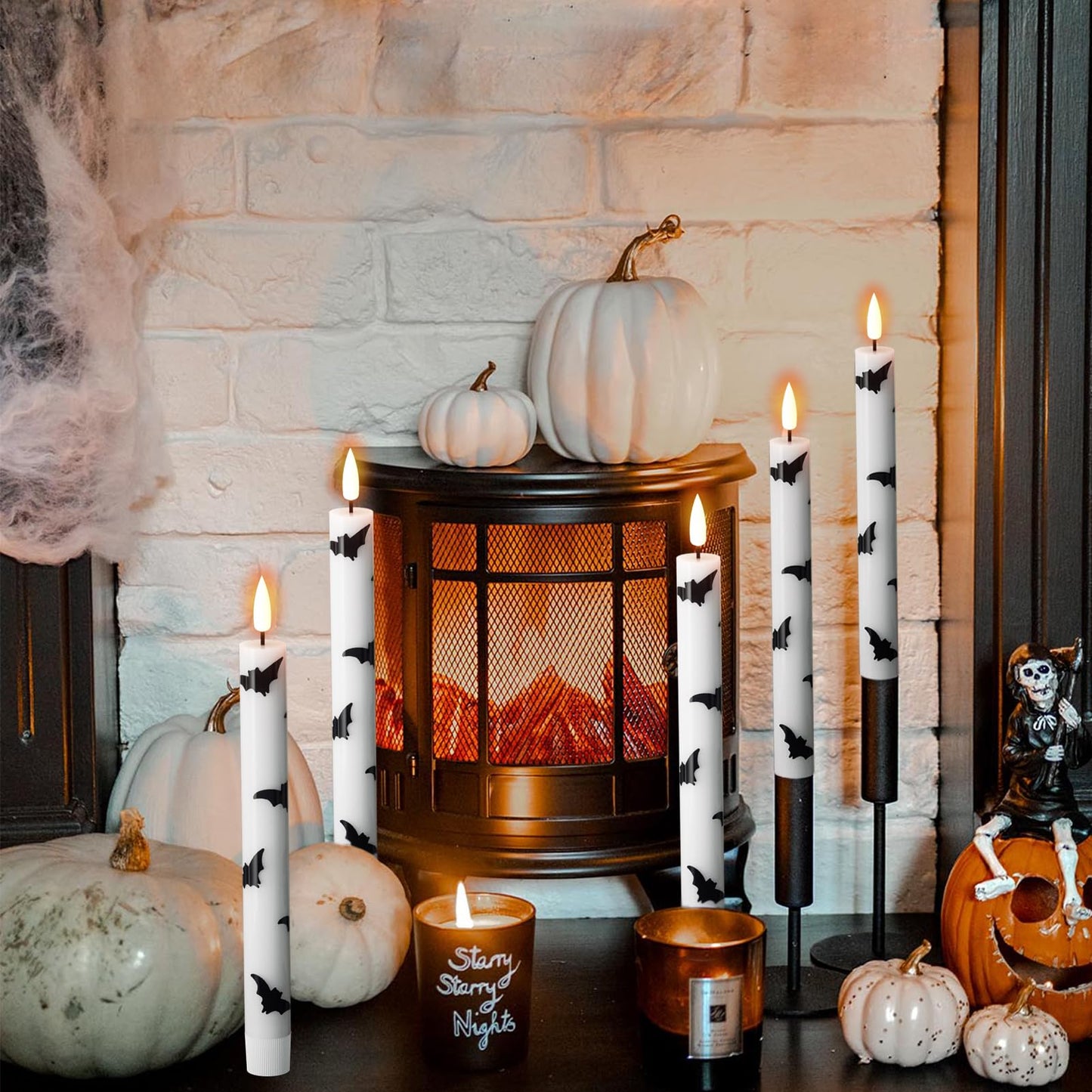 Wondise Halloween Flameless Taper Candles with Remote & Timer, 4 Pack Bats Battery Operated Real Wax 3D Flame LED Flickering Candles for Halloween Table Decorations