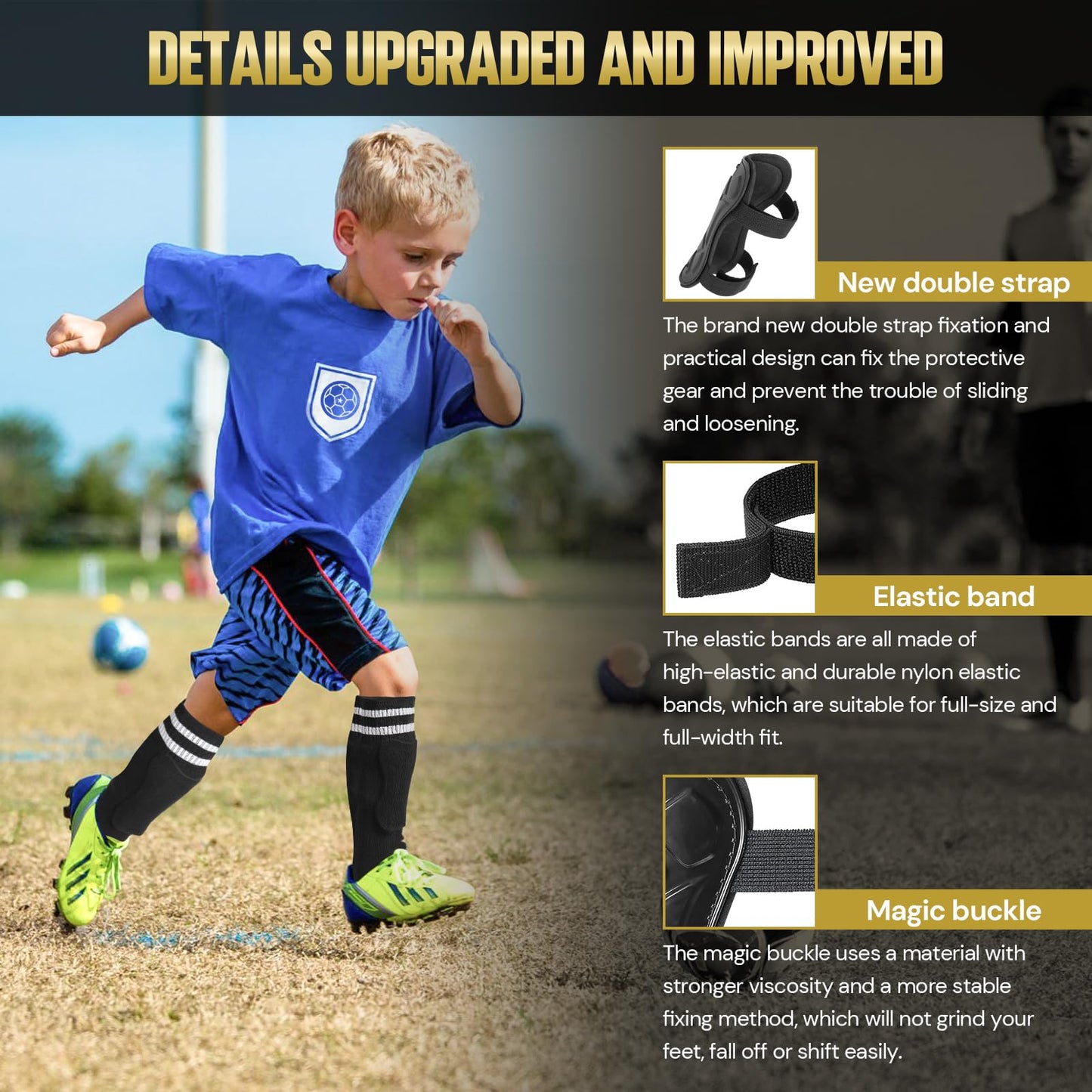 Soccer Shin Guards for Youth Kids Toddler, Upgraded Double Straps & Thicker, More Stable Protected Soccer Equipment - Football Gear for 3-5-7 4-6-8-10-12-14 Years Old Child Teens Boys Girls (Black, L)