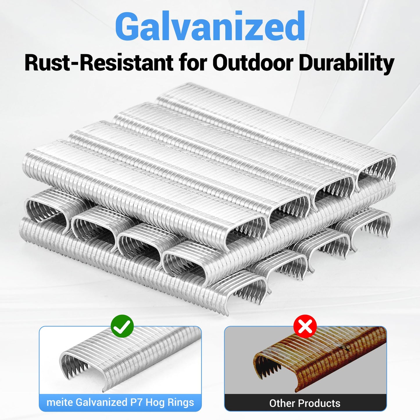 meite Hog Rings, 16 Gauge 11/16" Crown P7 Galvanized Hog Ring Staples for Fabric, Fence/Case, Wreaths/Ornments, Bag Closing, Net Binding (1,000 Counts)