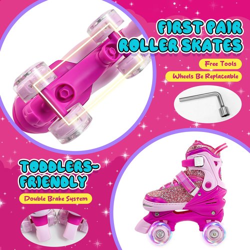 Kids Roller Skates for Girls Boys 4 Size Adjustable Ages 3-5 5-8 6-12 Red Quad Rollerskates with Light Up Wheels for Beginner Children's Birthday Gift patines para niñas Outdoor Sports