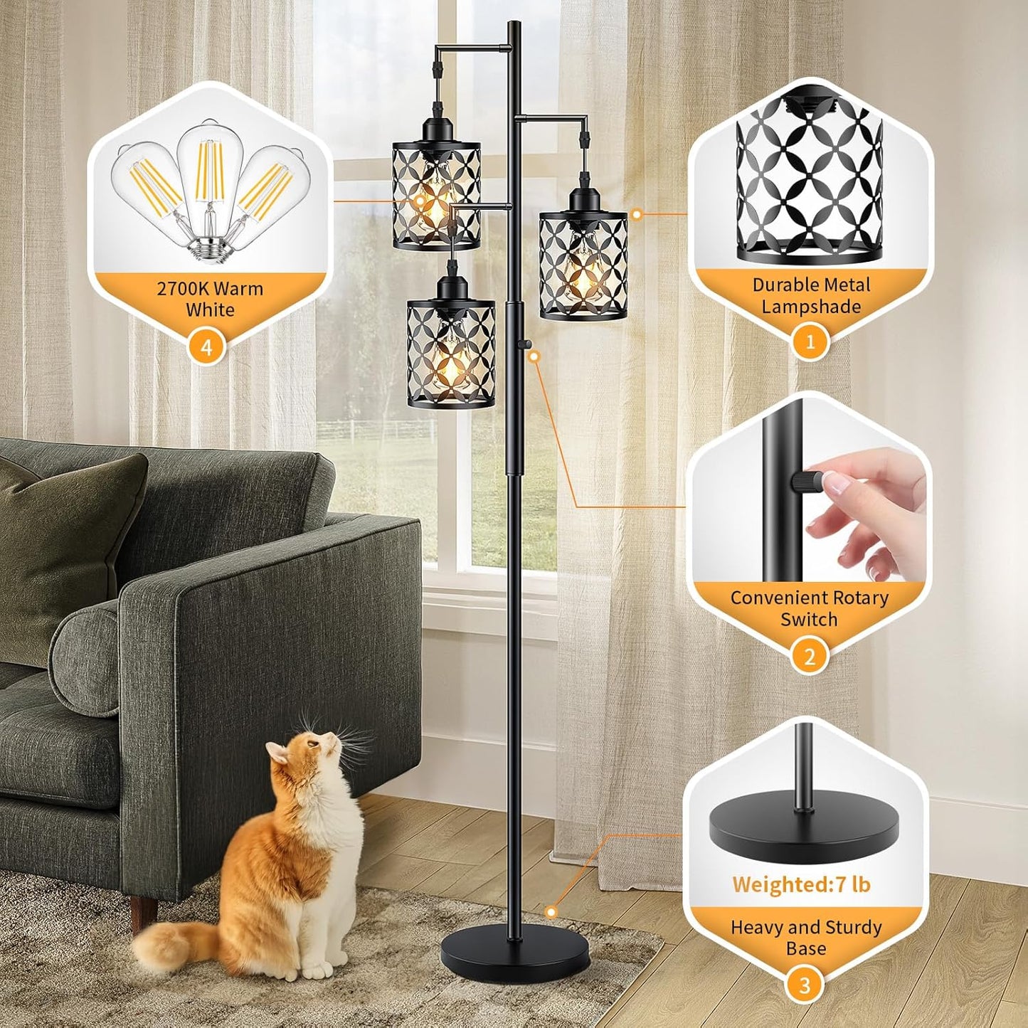 Industrial Farmhouse Dimmable Floor Lamp - 68” Tall Standing Light with Metal Cage for Living Room, Bedroom, Office - 2000LM LED Bulbs Included