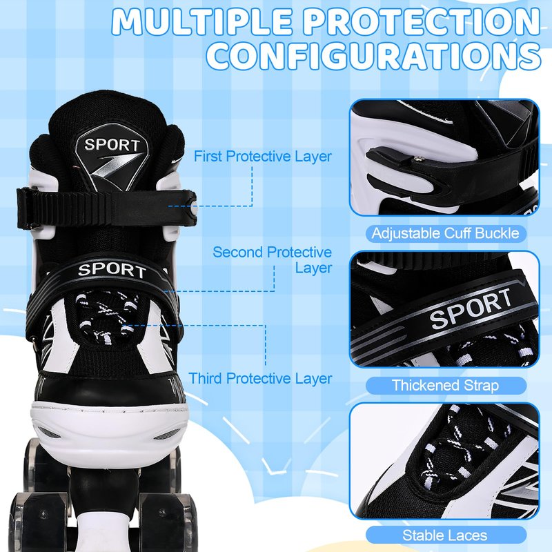 SYXKJ Boys Girls 4 Size Adjustable Kids Roller Skates for Children Toddlers Beginner with All Light Up Wheels, Birthday Gift for Outdoor Indoor Sports (Black White, Large)