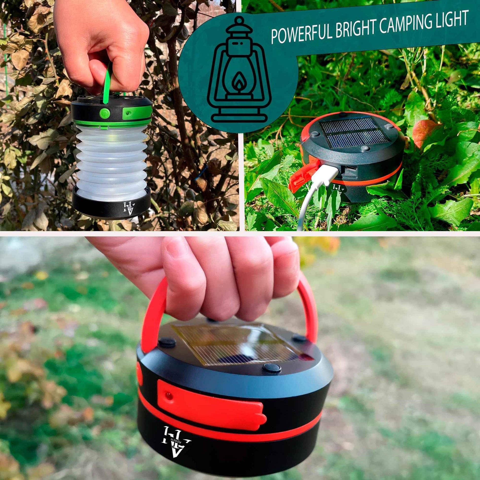 Asaeh Solar Camping Lantern - LED Lanterns for Power Outages, Camping Lights, Emergency Flashlight - Collapsible Lamp, Rechargeable W/ Solar or Plug