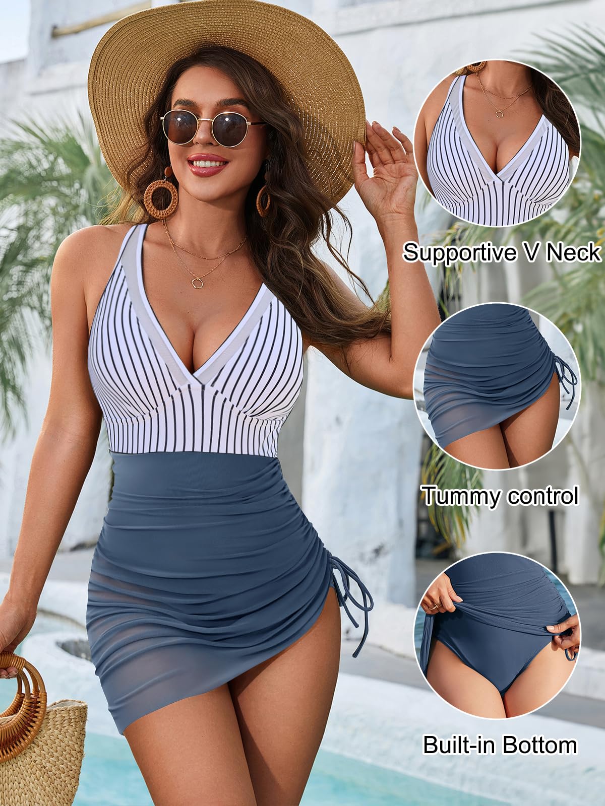 Blooming Jelly Women One Piece Swim Dress Tummy Control Swimsuits Modest Slimming Drawstring Swimwear V Neck Bathing Suit Swim Suits 2025 (XXL, Blue Stripes)