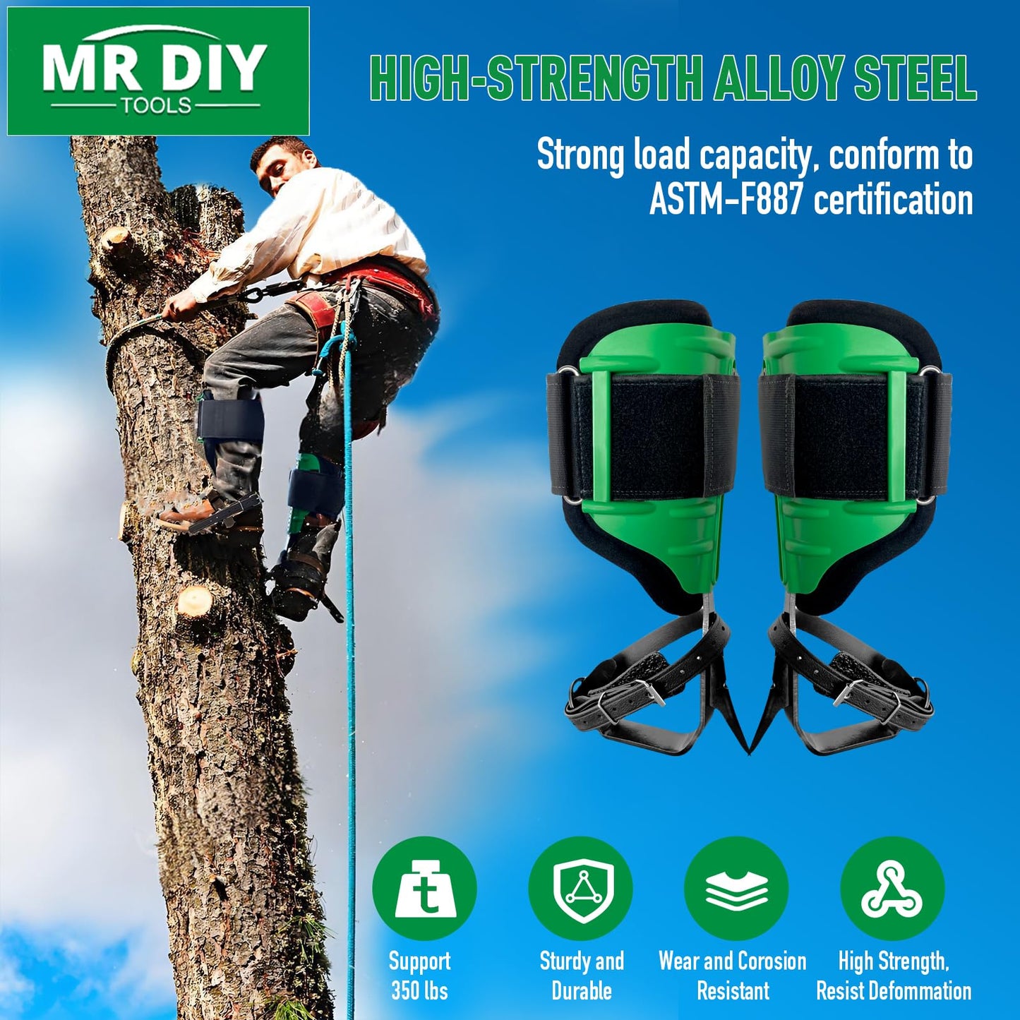Tree Climbing Spikes Set,Adjustable Tree Climbing Gear with Straps and Spike Protectors , 350lbs Load Capacity, Green, Classic Style, Tree Climbing Gear Kit for Climbers, Fruit Picking & Lumberjack