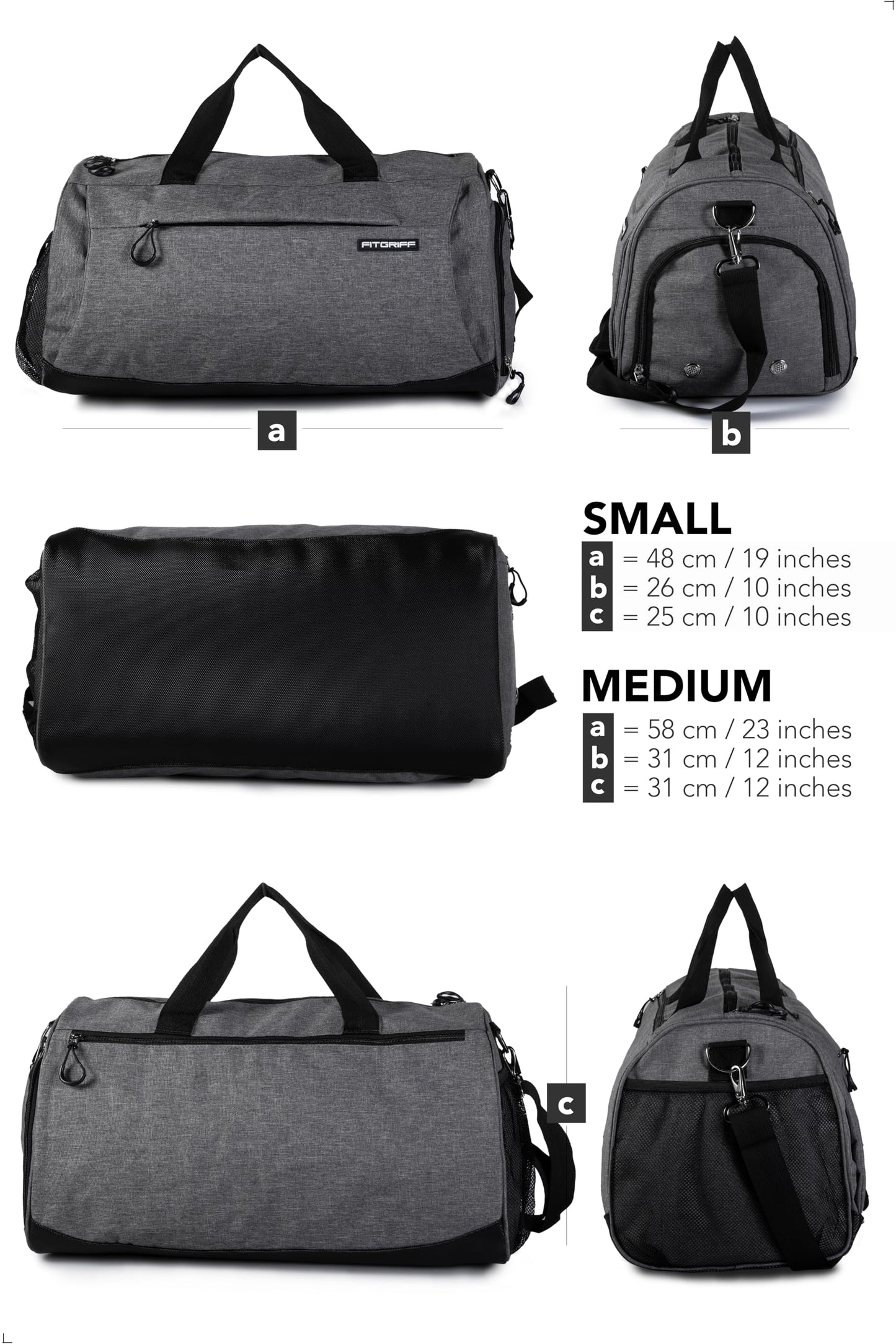 Fitgriff® Gym Bag for Men & Women with Shoe & Wet Compartment - Duffle Bag for Travel, Sports, Fitness & Workout (Grey, 23 x 12 x 12″ (M))