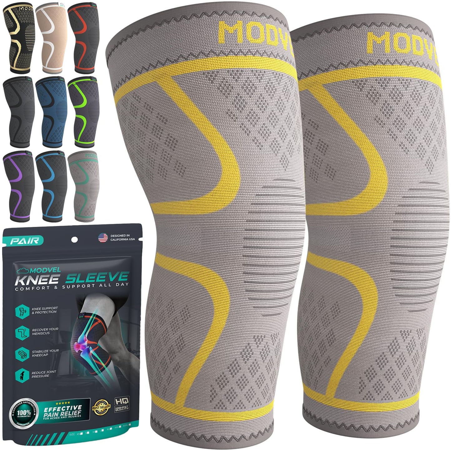 Modvel Compression Knee Brace - 2-Pack Support Sleeves for Running & Pain Relief | Meniscus Tear, ACL, Arthritis