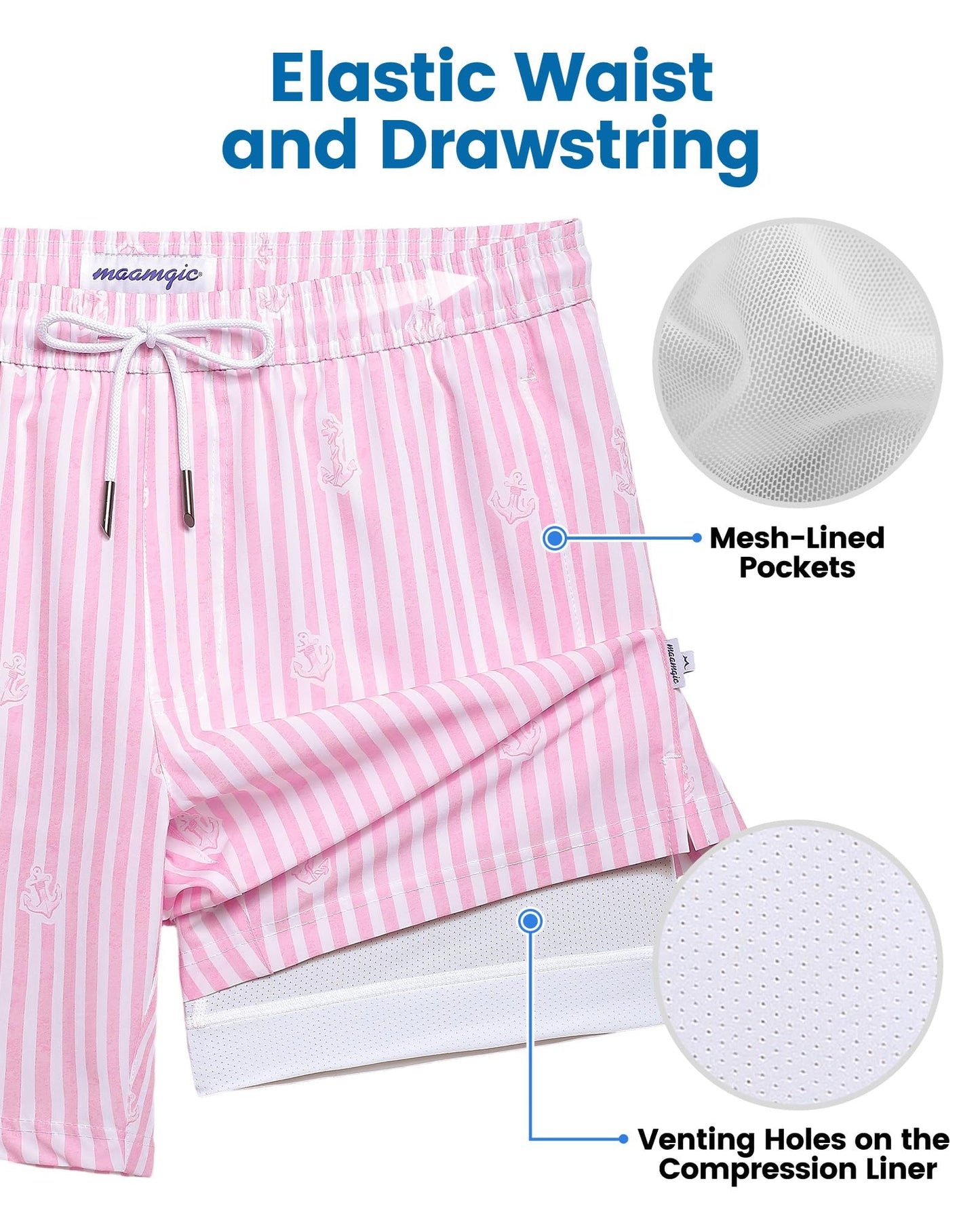 maamgic Mens Swim Trunks with Compression Liner 7 Inch Inseam Mens Bathing Suit Quick Dry Swimming Trunks Swimsuit Stripe Pink and White X-Large