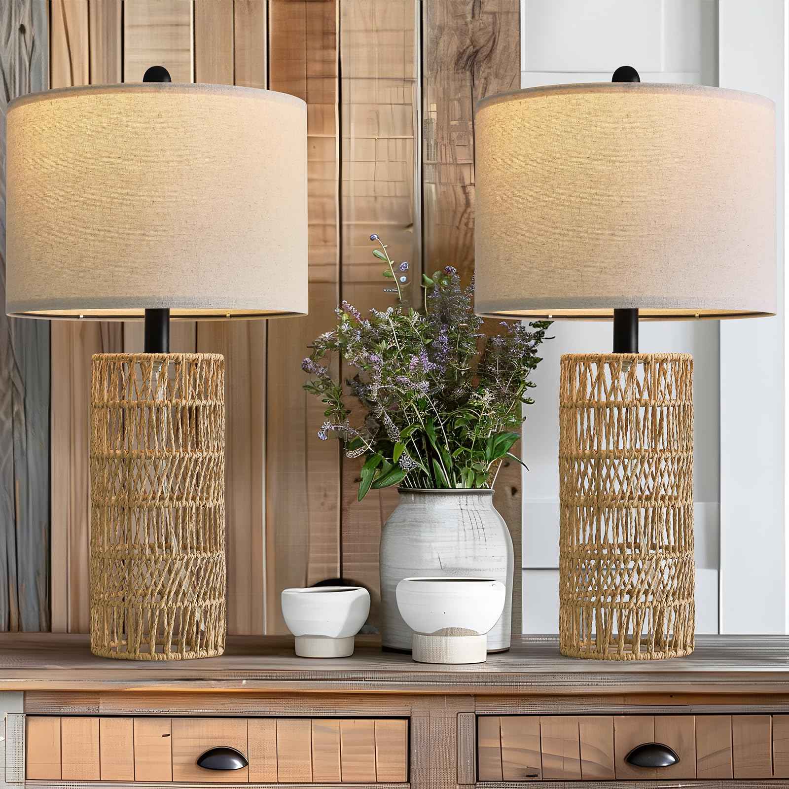 OYEARS 22.5" Boho Table Lamps Set of 2 for Living Room, Bedside Lamp for Nightstands, Rattan Lamp for Bedroom, Farmhouse Table Lamp for Room Decor, End Table, Retro, Brown（Not Include Bulbs）