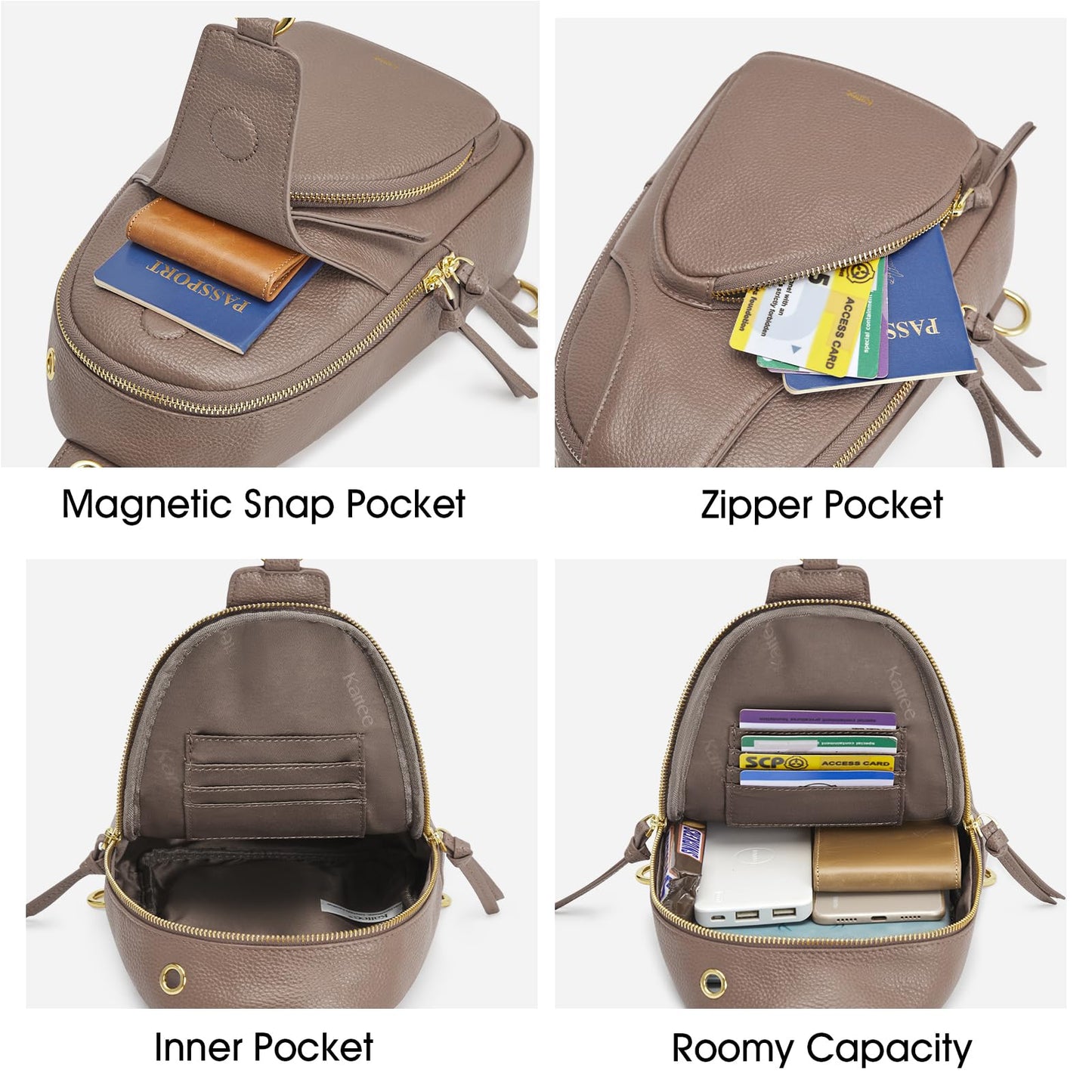 Kattee Sling Bag for Women, Leather Fanny Packs Crossbody Purse, Small Chest Bag with RFID Blocking, Khaki