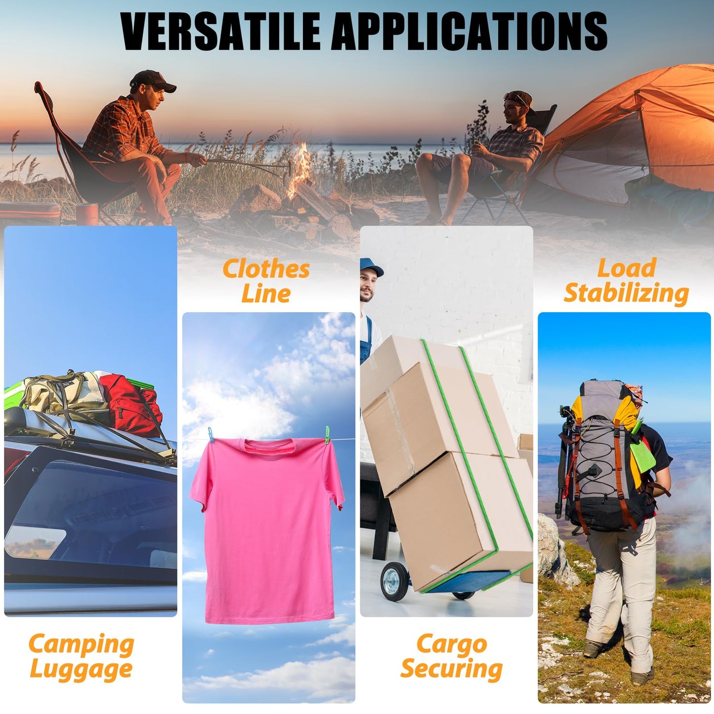 sprookber 8 Inch Bungee Cords with Stainless Steel Carabiner, Heavy Duty Strong Bungee Cords for Camping, Tarps, Bike Rack, Hand Carts etc, Set of 4