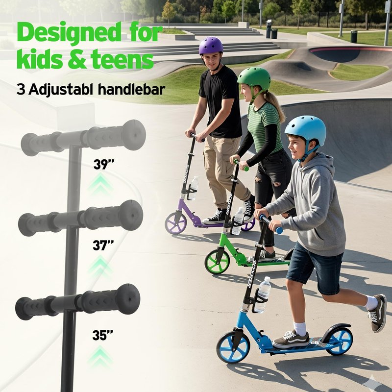 Scooter for Kids Ages 6+, Teens & Adults, Max Load 240 LBS, Foldable Kick Scooter with 8-inch Big Wheels, Kickstand, 3 Adjustable Levels, Rear Brake, Black